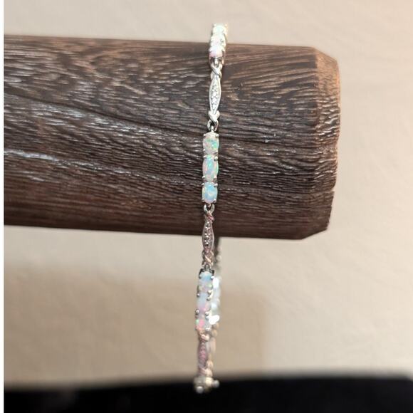 925 Sterling Silver Delicate Opal October Birthstone Tennis Bracelet - Picture 2 of 6